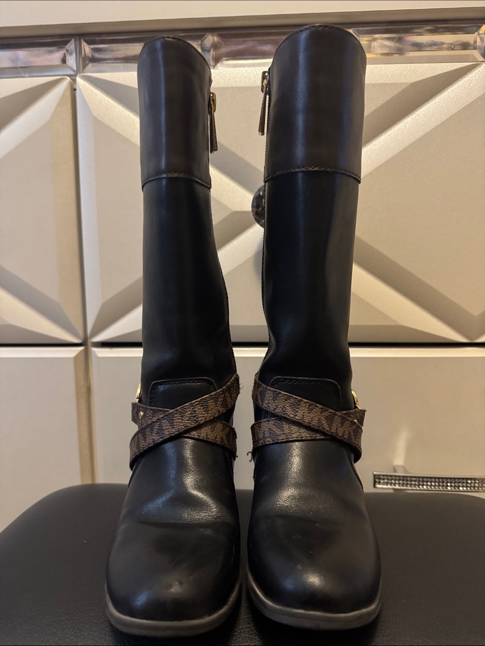 Michael Kors Black Leather Tall Boots with Brown Logo Straps